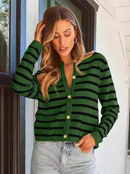 Cardigans - Classic Striped Cardigan Sweater with Golden Buttons