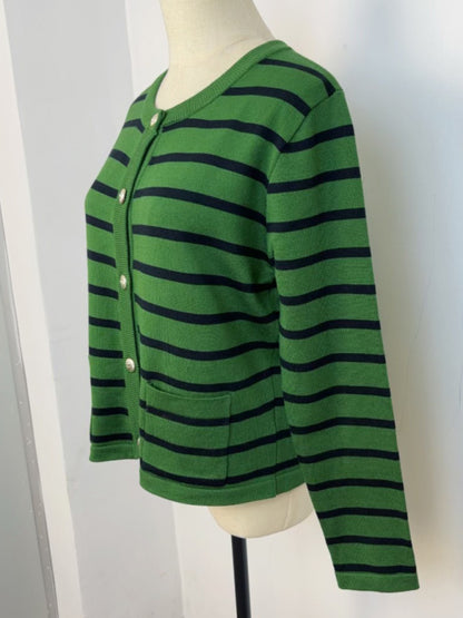 Cardigans - Classic Striped Cardigan Sweater with Golden Buttons