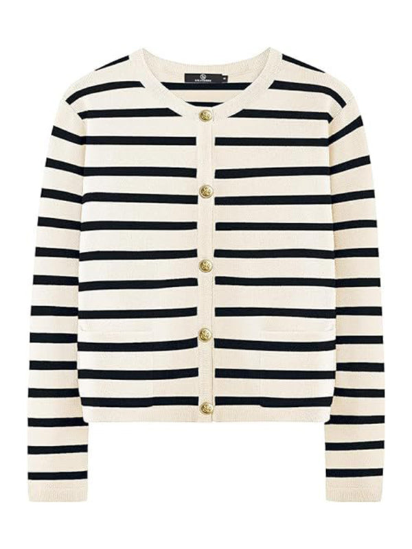 Cardigans - Classic Striped Cardigan Sweater with Golden Buttons