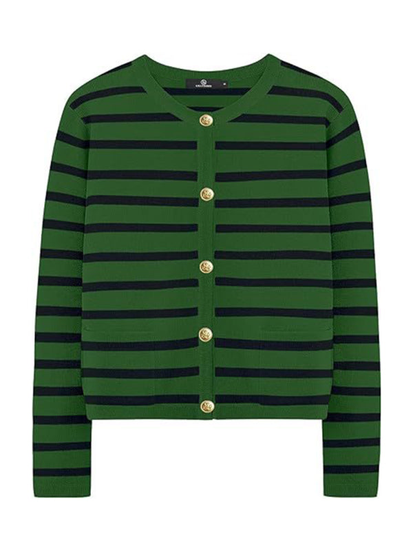 Cardigans - Classic Striped Cardigan Sweater with Golden Buttons