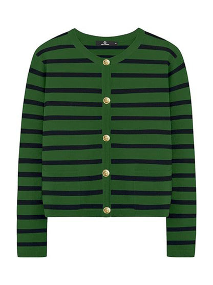 Cardigans - Classic Striped Cardigan Sweater with Golden Buttons