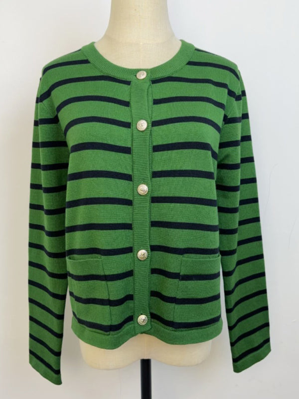 Cardigans - Classic Striped Cardigan Sweater with Golden Buttons