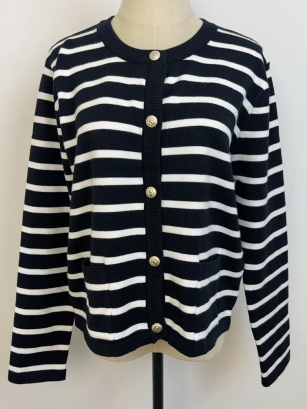 Cardigans - Classic Striped Cardigan Sweater with Golden Buttons