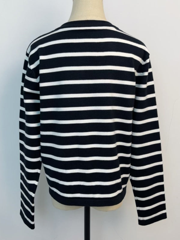 Cardigans - Classic Striped Cardigan Sweater with Golden Buttons