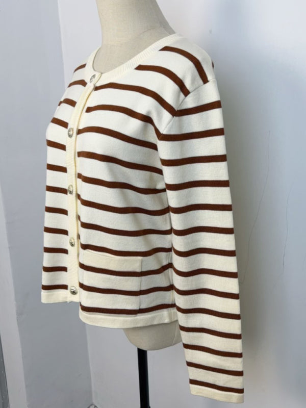 Cardigans - Classic Striped Cardigan Sweater with Golden Buttons