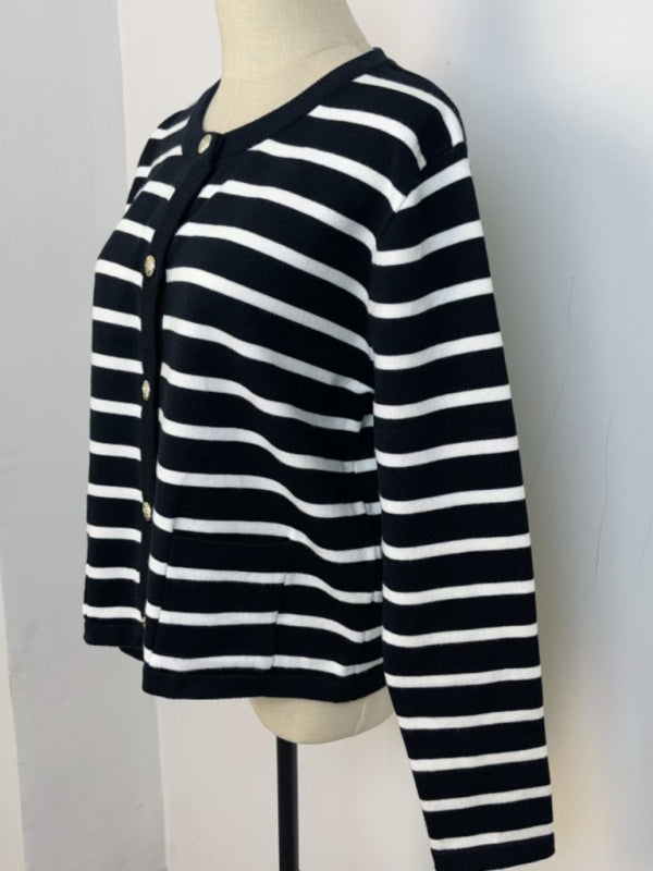 Cardigans - Classic Striped Cardigan Sweater with Golden Buttons