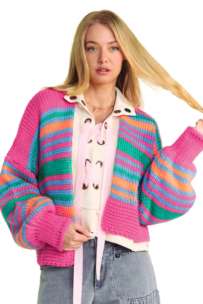 Cardigans - Colorful Striped Cozy Knit Open Cardigan