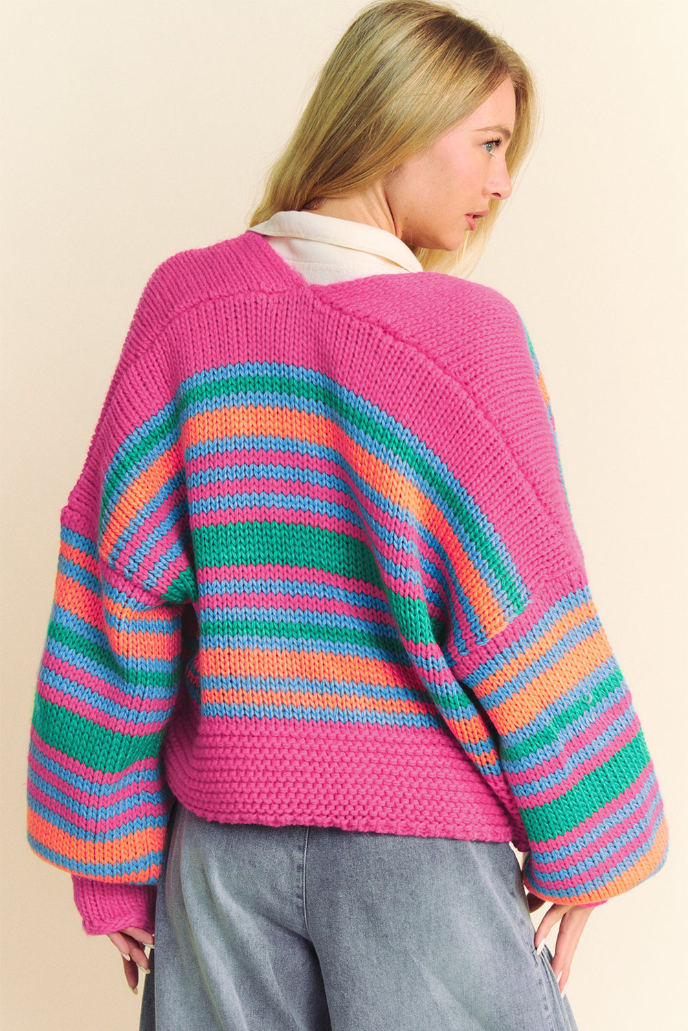 Cardigans - Colorful Striped Cozy Knit Open Cardigan