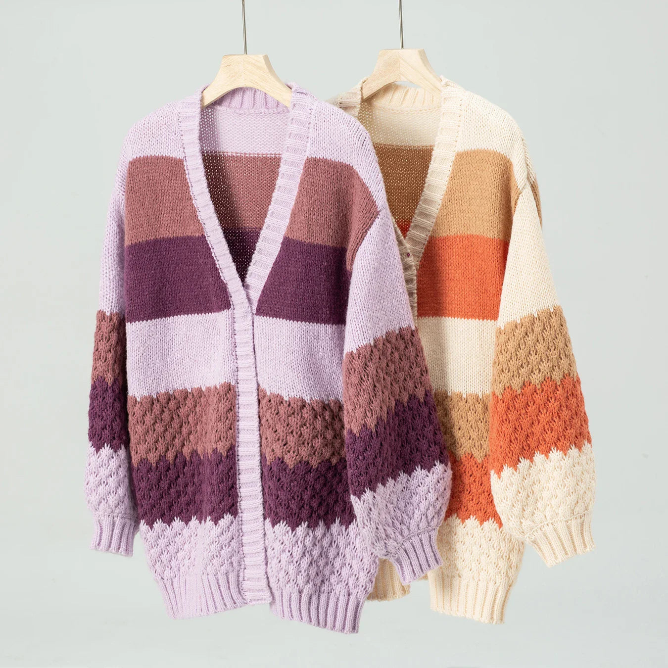 Cardigans- Cozy Color-Block Waffle Knit Cardigan for Women- - Pekosa Women Fashion