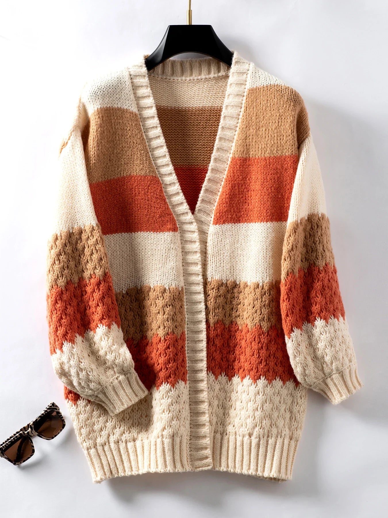 Cardigans- Cozy Color-Block Waffle Knit Cardigan for Women- - Pekosa Women Fashion