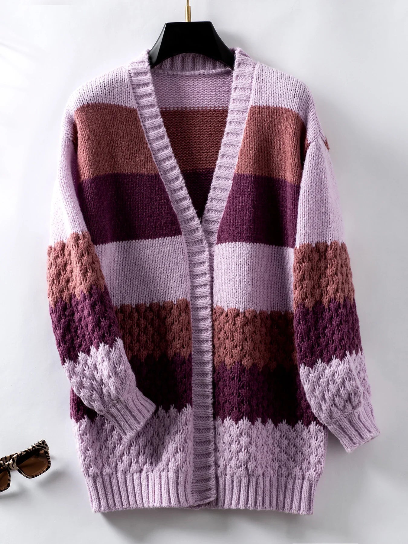 Cardigans- Cozy Color-Block Waffle Knit Cardigan for Women- Purple- Pekosa Women Fashion