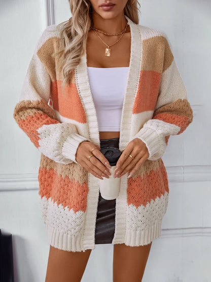 Cardigans- Cozy Color-Block Waffle Knit Cardigan for Women- - Pekosa Women Fashion