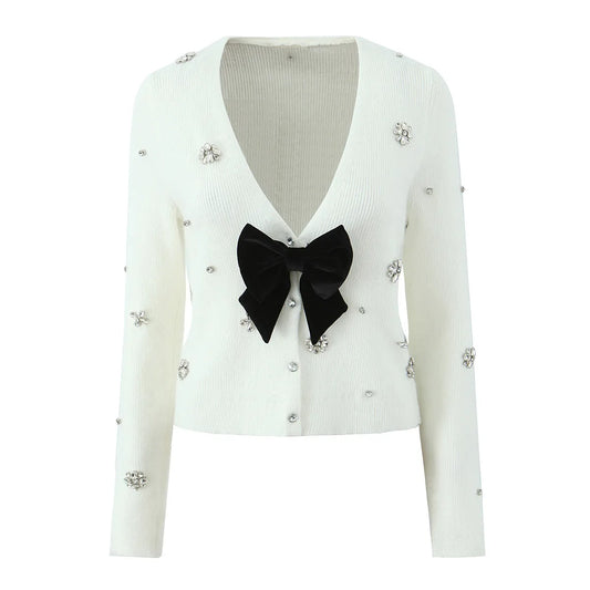 Cardigans - Cropped Cardigan with Bow and Diamond Accents