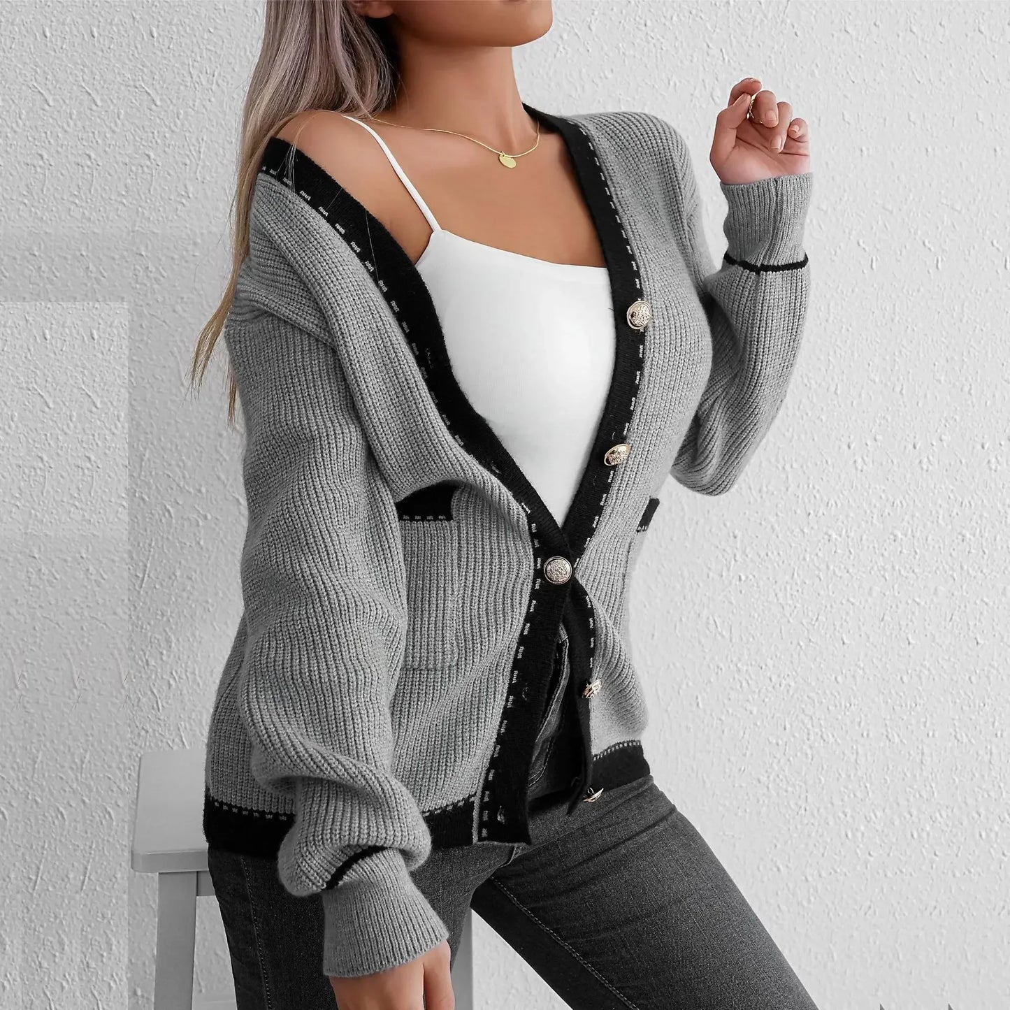 Cardigans - Elegant Contrast Grey Knit Cardigan Transitional Knitwear Piece