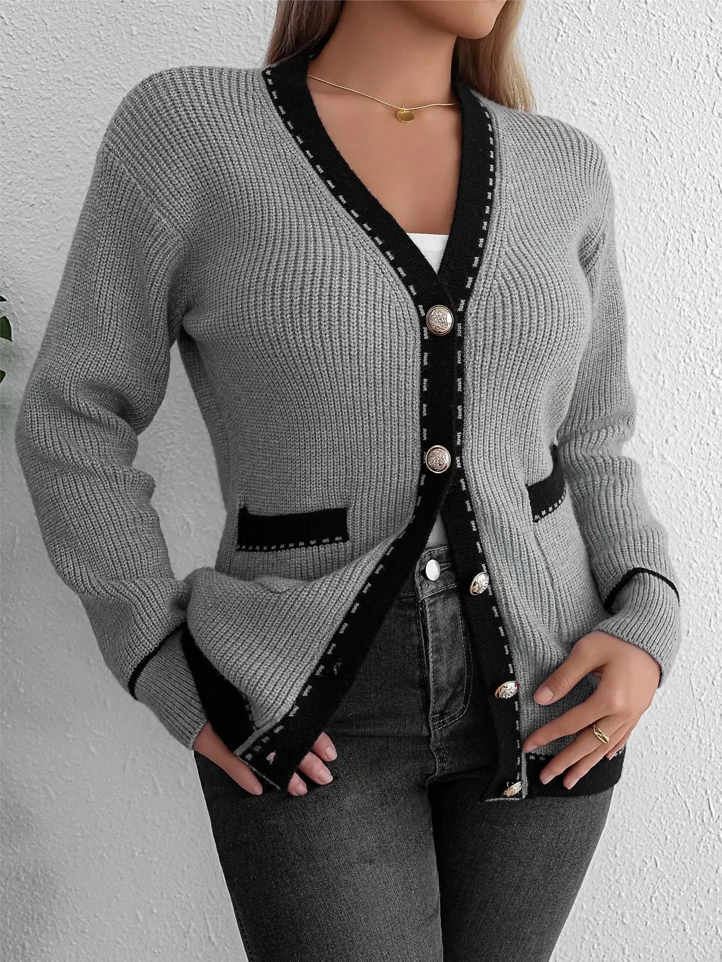 Cardigans - Elegant Contrast Grey Knit Cardigan Transitional Knitwear Piece