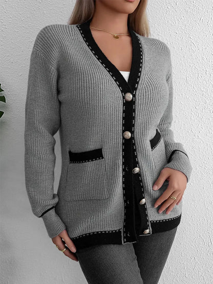 Cardigans - Elegant Contrast Grey Knit Cardigan Transitional Knitwear Piece