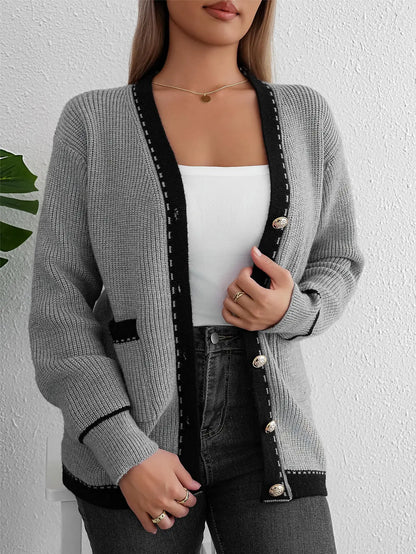 Cardigans - Elegant Contrast Grey Knit Cardigan Transitional Knitwear Piece