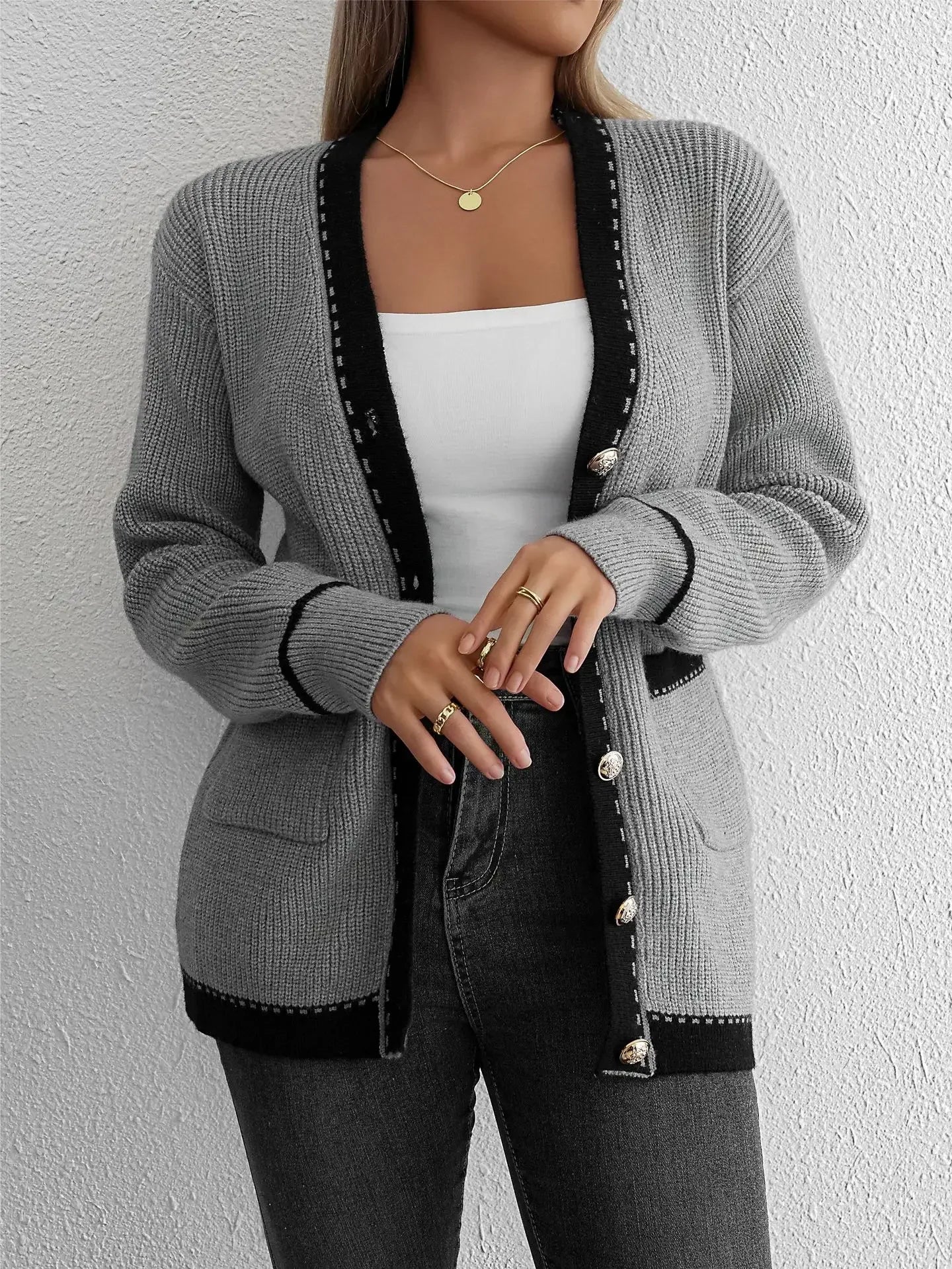 Cardigans - Elegant Contrast Grey Knit Cardigan Transitional Knitwear Piece