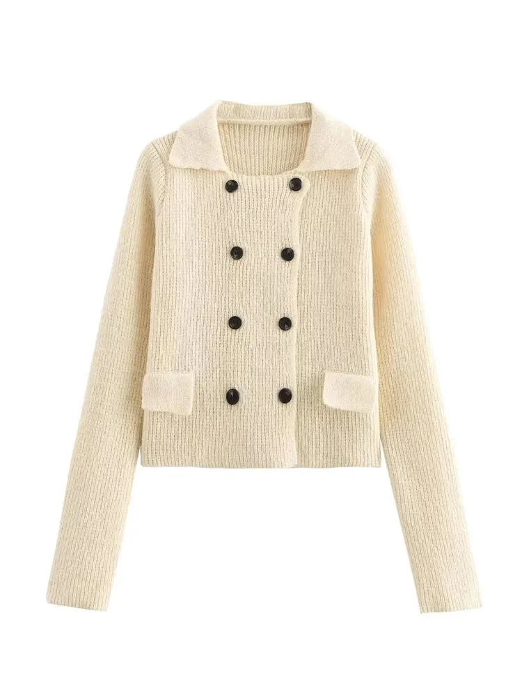 Cardigans - Elegant Double-Breasted Knit Cardigan Fall Sweater