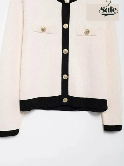 Cardigans - Elegant Office-Wear Cardigan Contrast Knit Sweater