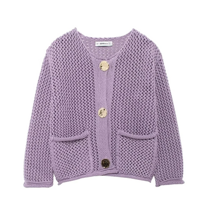 Cardigans - Golden Button Cardigan Oversized Hollow-Knit Sweater