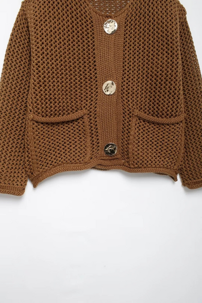 Cardigans - Golden Button Cardigan Oversized Hollow-Knit Sweater