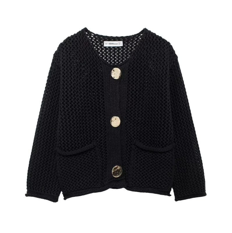 Cardigans - Golden Button Cardigan Oversized Hollow-Knit Sweater