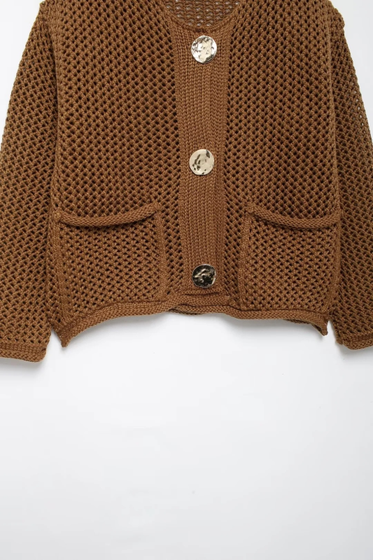 Cardigans - Golden Button Cardigan Oversized Hollow-Knit Sweater