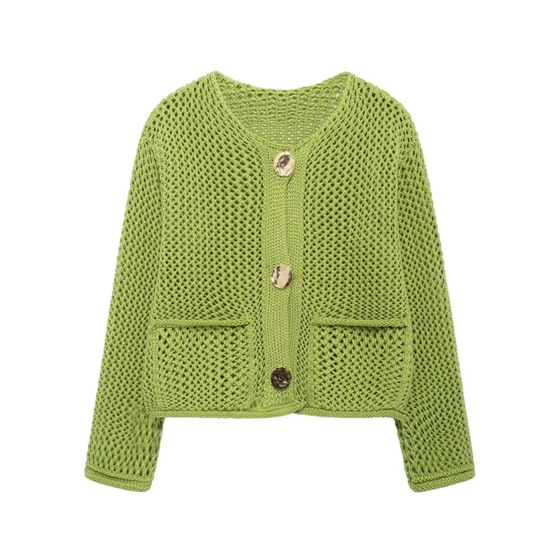 Cardigans - Golden Button Cardigan Oversized Hollow-Knit Sweater