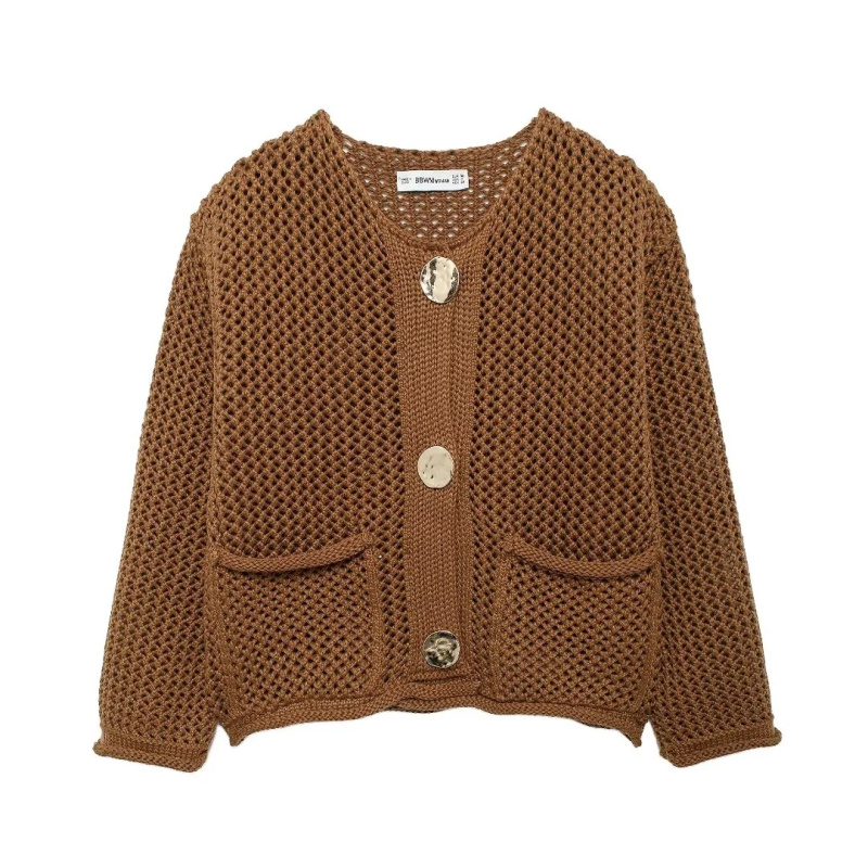 Cardigans - Golden Button Cardigan Oversized Hollow-Knit Sweater