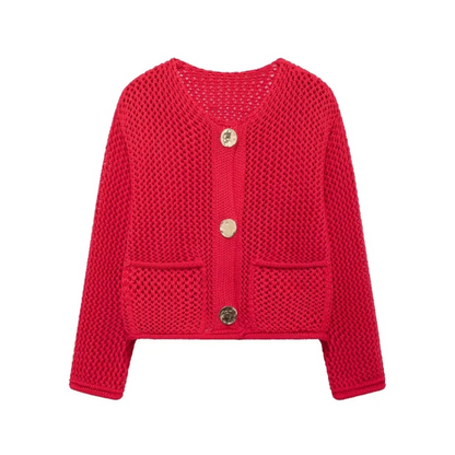 Cardigans - Golden Button Cardigan Oversized Hollow-Knit Sweater