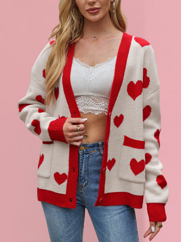 Cardigans - Heart Pattern Cardigan Motif Knitwear Sweater