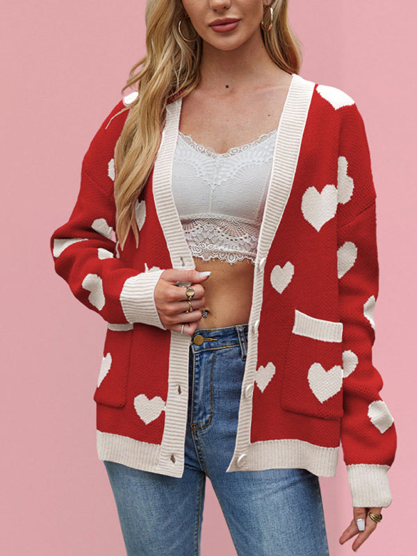 Cardigans - Heart Pattern Cardigan Motif Knitwear Sweater