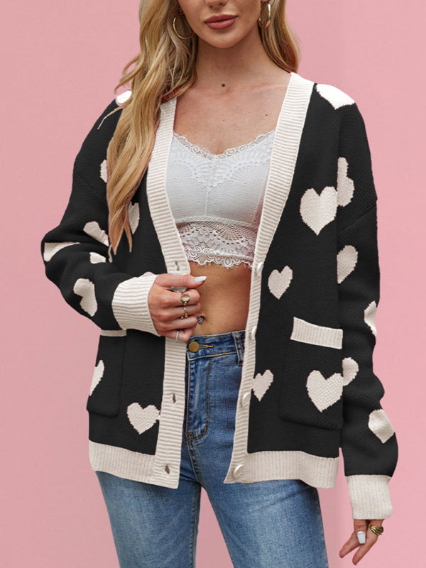 Cardigans - Heart Pattern Cardigan Motif Knitwear Sweater