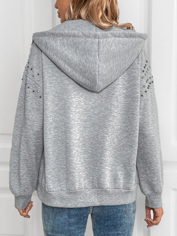 Cardigans - Heather-Gray Studded Hooded Jacket for Casual Days