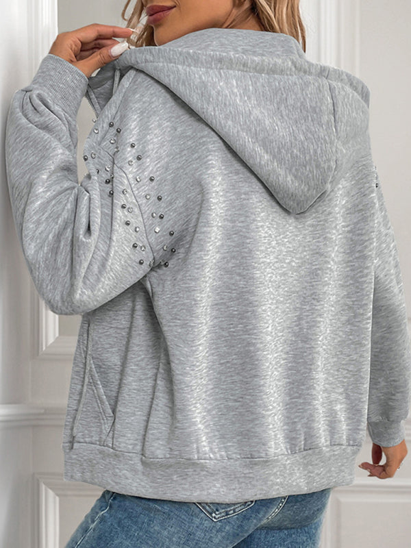 Cardigans - Heather-Gray Studded Hooded Jacket for Casual Days