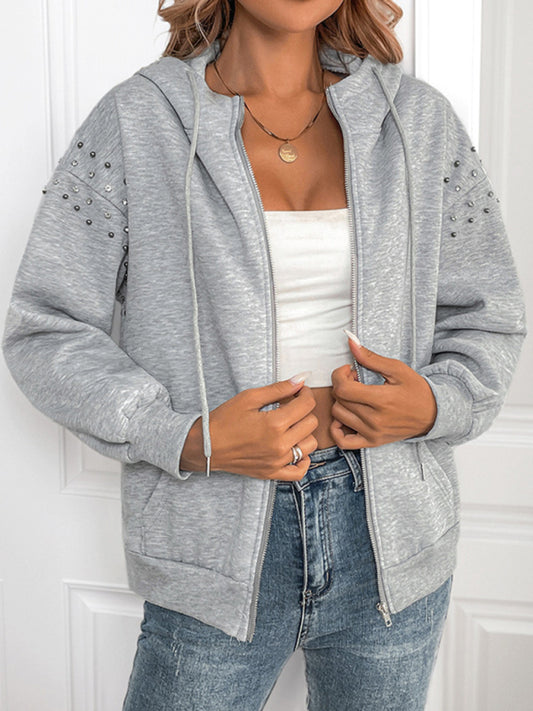 Cardigans - Heather-Gray Studded Hooded Jacket for Casual Days