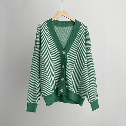 Cardigans - Herringbone Weaving Patter & Solid Trims Classic Cardigan