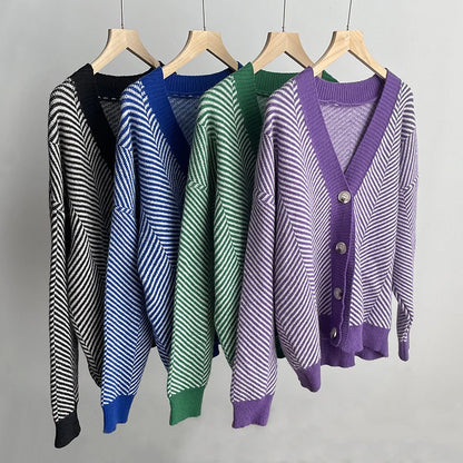 Cardigans - Herringbone Weaving Patter & Solid Trims Classic Cardigan