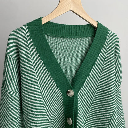 Cardigans - Herringbone Weaving Patter & Solid Trims Classic Cardigan