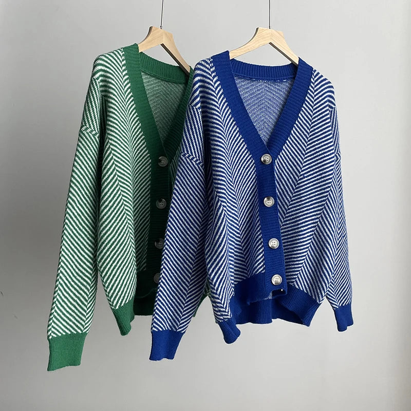 Cardigans - Herringbone Weaving Patter & Solid Trims Classic Cardigan