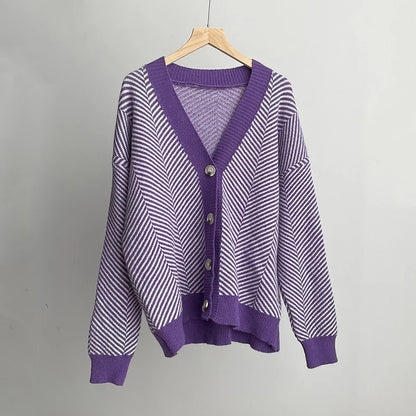 Cardigans - Herringbone Weaving Patter & Solid Trims Classic Cardigan