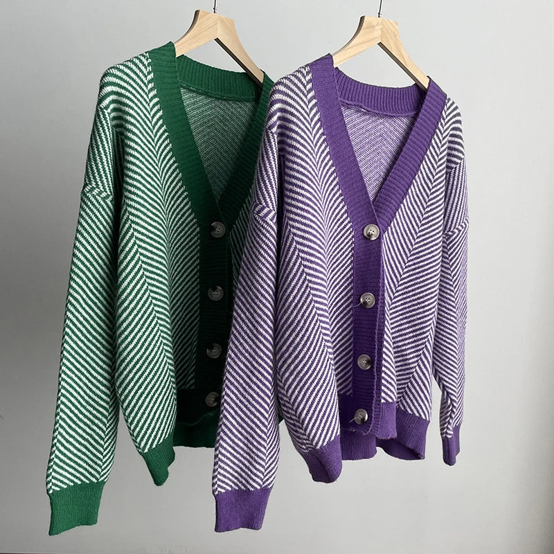 Cardigans - Herringbone Weaving Patter & Solid Trims Classic Cardigan