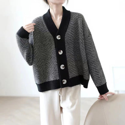 Cardigans - Herringbone Weaving Patter & Solid Trims Classic Cardigan