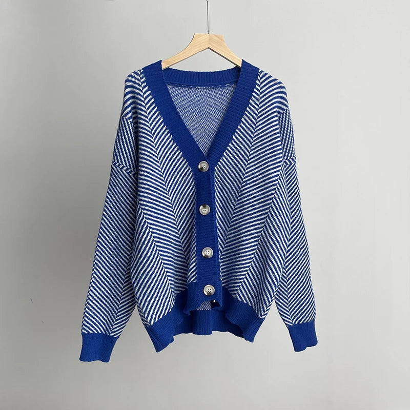 Cardigans - Herringbone Weaving Patter & Solid Trims Classic Cardigan