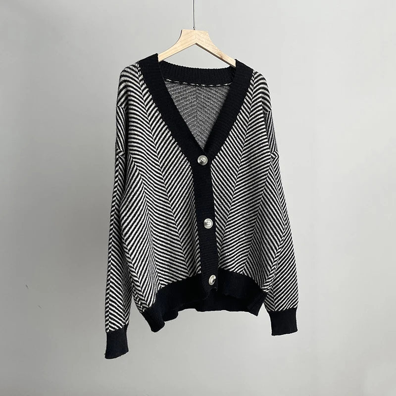 Cardigans - Herringbone Weaving Patter & Solid Trims Classic Cardigan