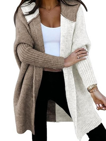 Cardigans - Hooded Cardigan Color Block Knitted Sweater