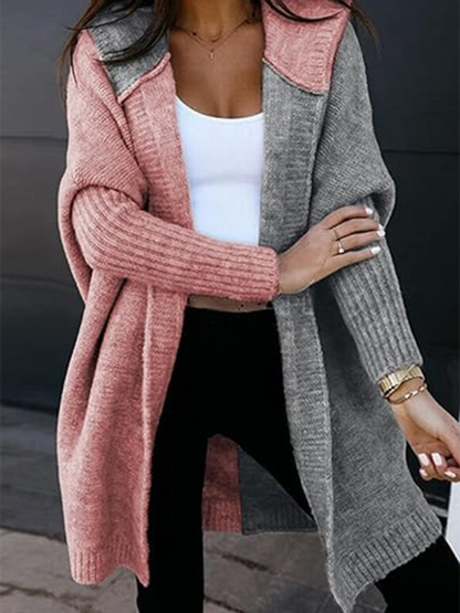 Cardigans - Hooded Cardigan Color Block Knitted Sweater