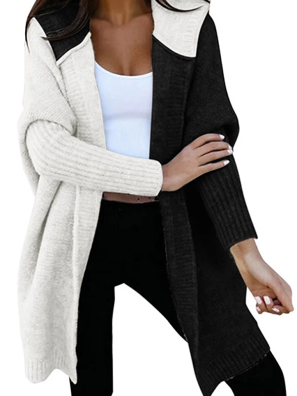 Cardigans - Hooded Cardigan Color Block Knitted Sweater