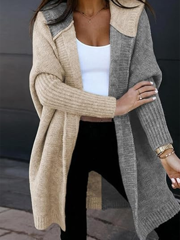 Cardigans - Hooded Cardigan Color Block Knitted Sweater